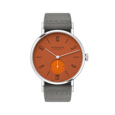 Damen- und Herrenuhr, Handaufzug, NOMOS Glashütte Tangente 38 Datum Poporange 