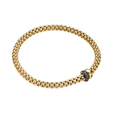 Armschmuck, Gelbgold, FOPE Solo Flex'it Armband mit zwei Rondellen und schwarzer Pavé-Fassung