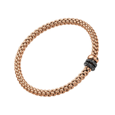 Roségold, Armschmuck, FOPE Solo Flex'it Armband mit drei Rondellen und schwarzem Pavébesatz
