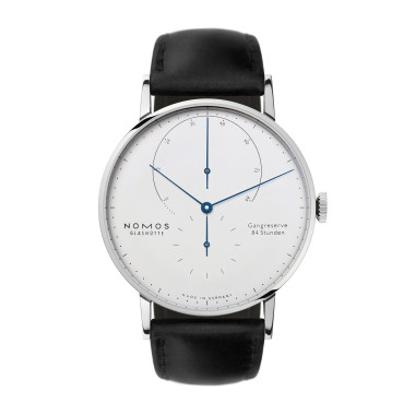 Handaufzug, Damen- und Herrenuhr, NOMOS Glashütte Lambda Weißgold mit gebläuten Zeigern
